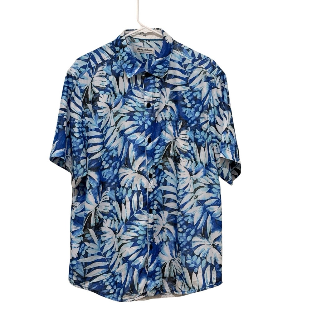 Tommy Bahama Men Blue Tropical Leaf Large Hawaiian Vacation Coastal Performance